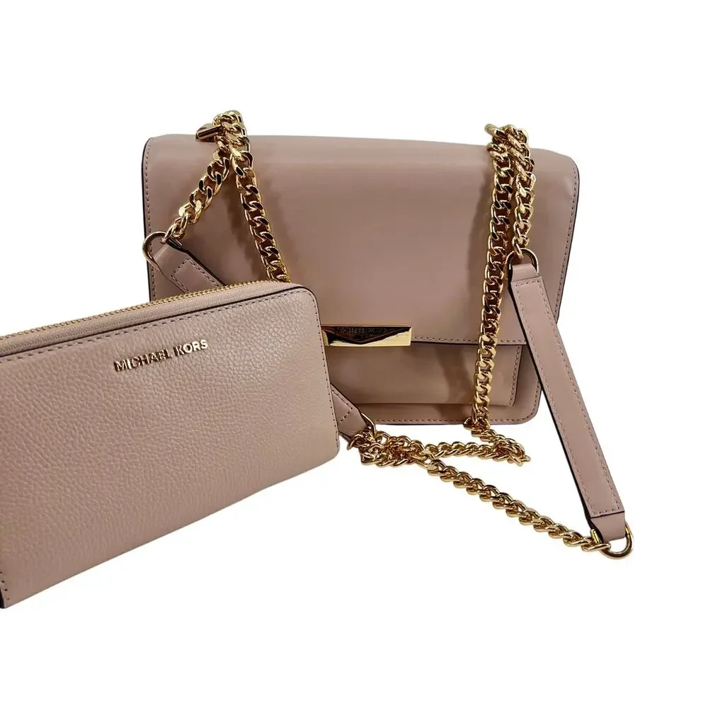 Michael Kors Jade Light Pink Smooth Leather Shoulder Bag & wallet gold hardware